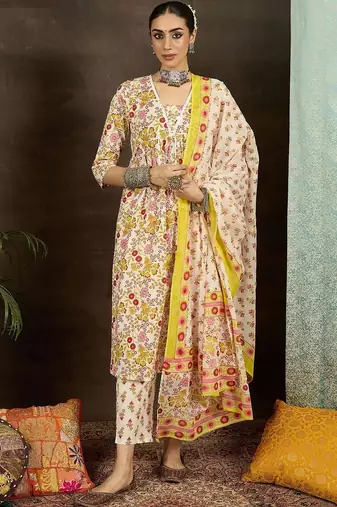 women floral printed empire cotton kurta with trousers & with dupatta