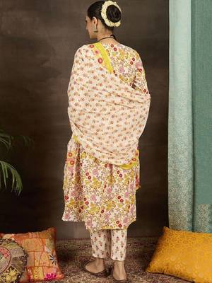 women floral printed empire cotton kurta with trousers & with dupatta 5