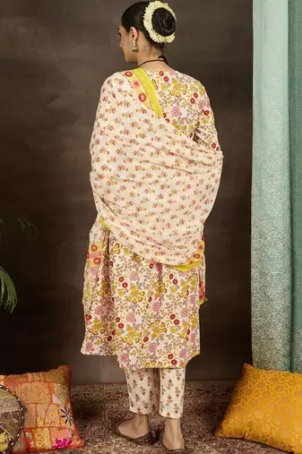 women floral printed empire cotton kurta with trousers & with dupatta