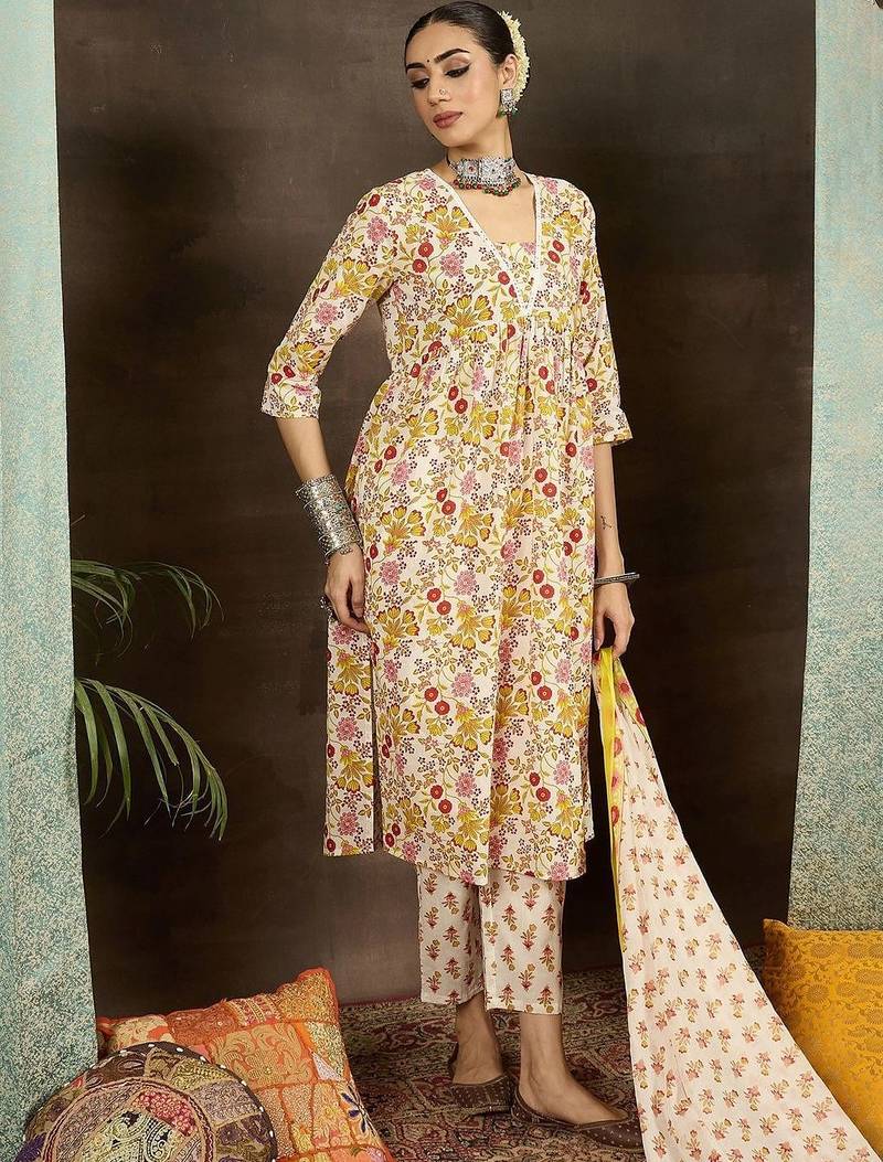 women floral printed empire cotton kurta with trousers & with dupatta