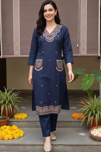 women ethnic motifs embroidered regular thread work cotton kurta with trousers