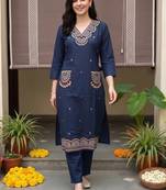 women ethnic motifs embroidered regular thread work cotton kurta with trousers