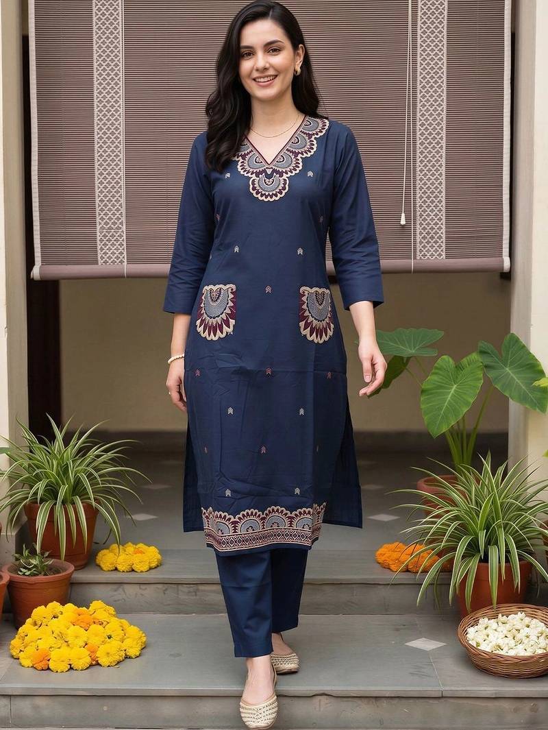 women ethnic motifs embroidered regular thread work cotton kurta with trousers