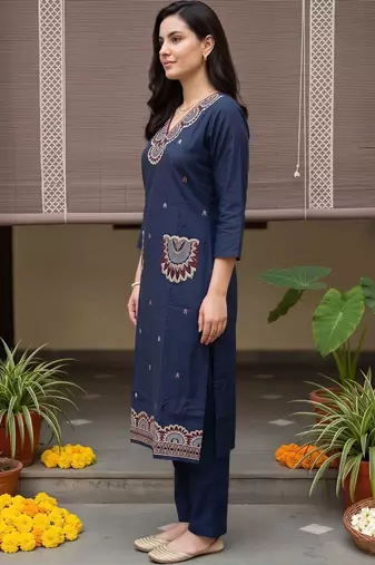 women ethnic motifs embroidered regular thread work cotton kurta with trousers