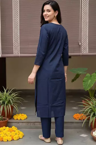 women ethnic motifs embroidered regular thread work cotton kurta with trousers