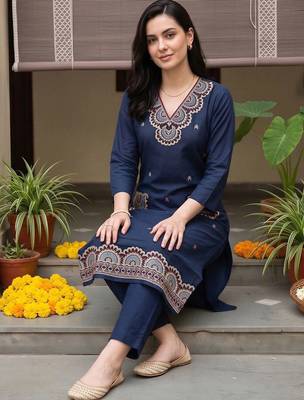 women ethnic motifs embroidered regular thread work cotton kurta with trousers 5
