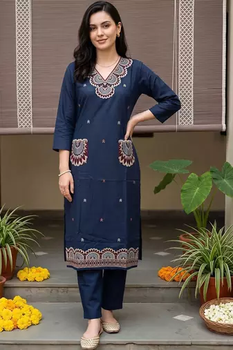 women ethnic motifs embroidered regular thread work cotton kurta with trousers