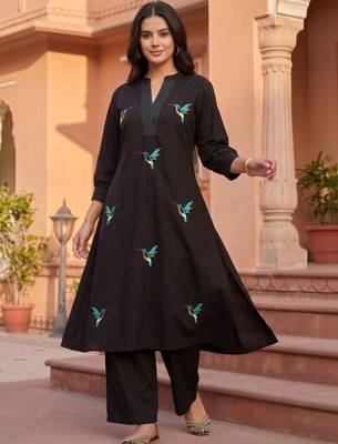 women ethnic motifs embroidered regular thread work cotton kurta with palazzos 1