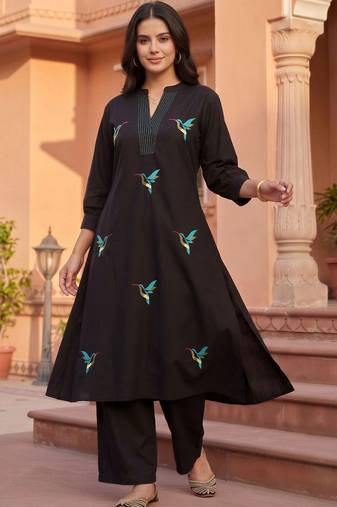 women ethnic motifs embroidered regular thread work cotton kurta with palazzos