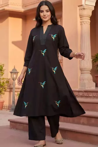 women ethnic motifs embroidered regular thread work cotton kurta with palazzos