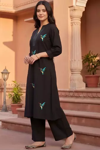 women ethnic motifs embroidered regular thread work cotton kurta with palazzos