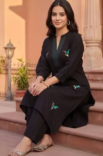women ethnic motifs embroidered regular thread work cotton kurta with palazzos