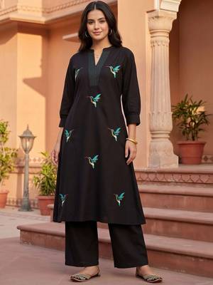 women ethnic motifs embroidered regular thread work cotton kurta with palazzos 6