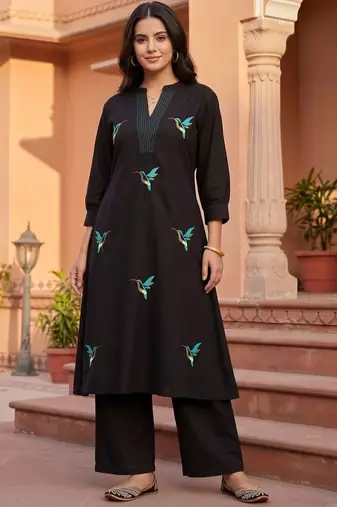 women ethnic motifs embroidered regular thread work cotton kurta with palazzos