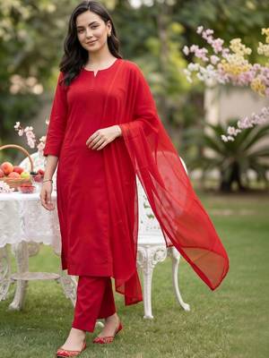 women embroidered regular thread work cotton kurta with trousers & with dupatta 1