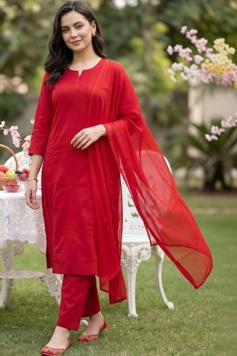 women embroidered regular thread work cotton kurta with trousers & with dupatta