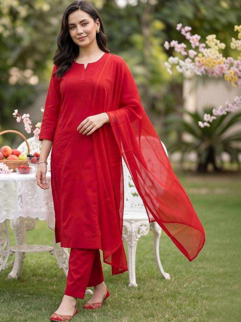 women embroidered regular thread work cotton kurta with trousers & with dupatta