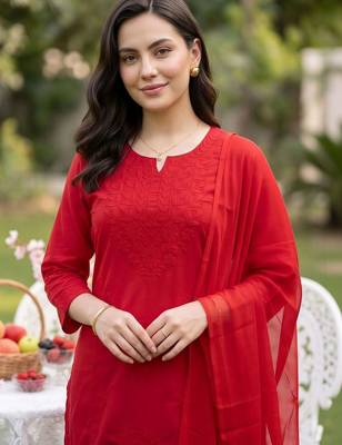 women embroidered regular thread work cotton kurta with trousers & with dupatta 2