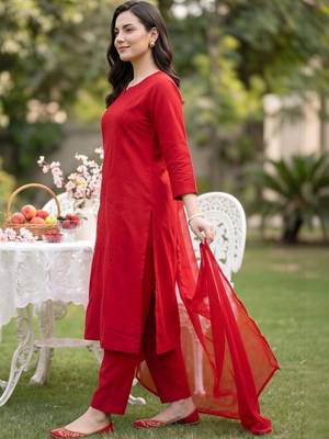 women embroidered regular thread work cotton kurta with trousers & with dupatta 3