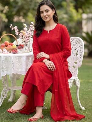 women embroidered regular thread work cotton kurta with trousers & with dupatta 5