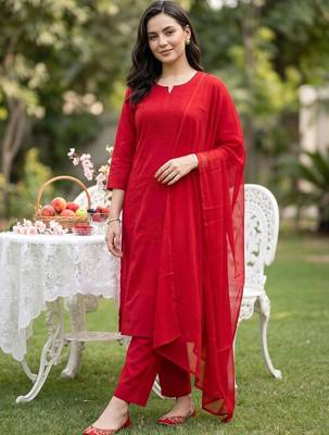 women embroidered regular thread work cotton kurta with trousers & with dupatta 6