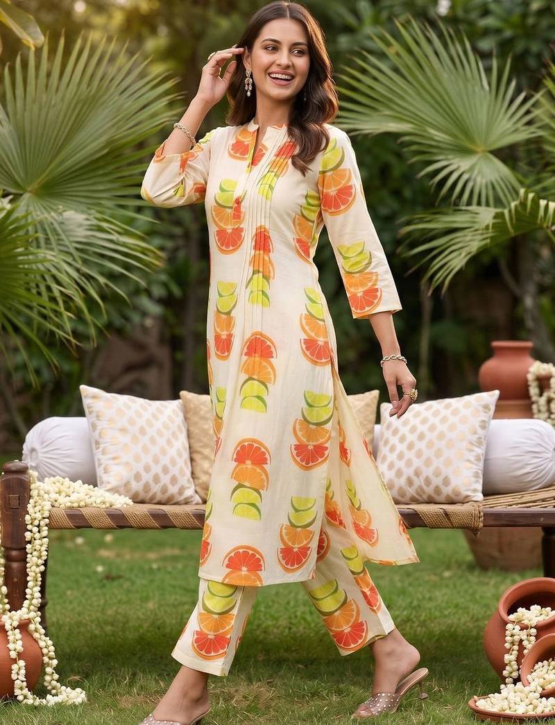 women printed regular cotton kurta with trousers