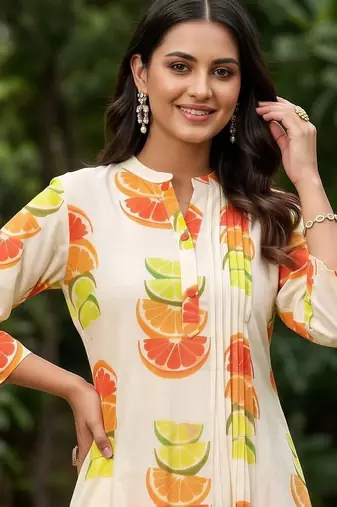 women printed regular cotton kurta with trousers