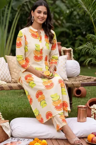 women printed regular cotton kurta with trousers