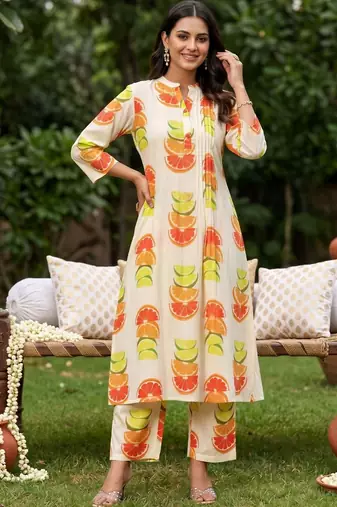 women printed regular cotton kurta with trousers