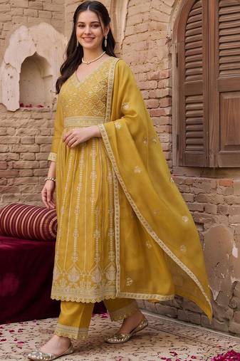women ethnic motifs embroidered empire thread work kurta with trousers & with dupatta