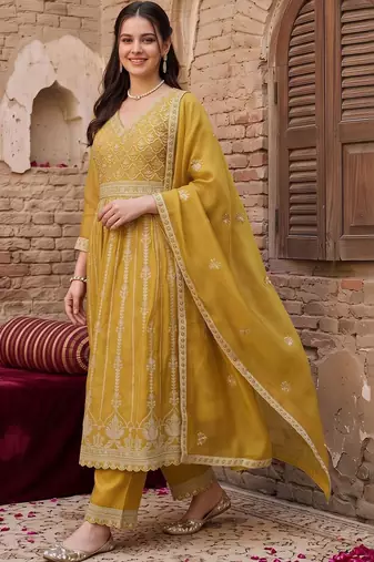 women ethnic motifs embroidered empire thread work kurta with trousers & with dupatta