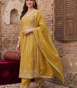women ethnic motifs embroidered empire thread work kurta with trousers & with dupatta