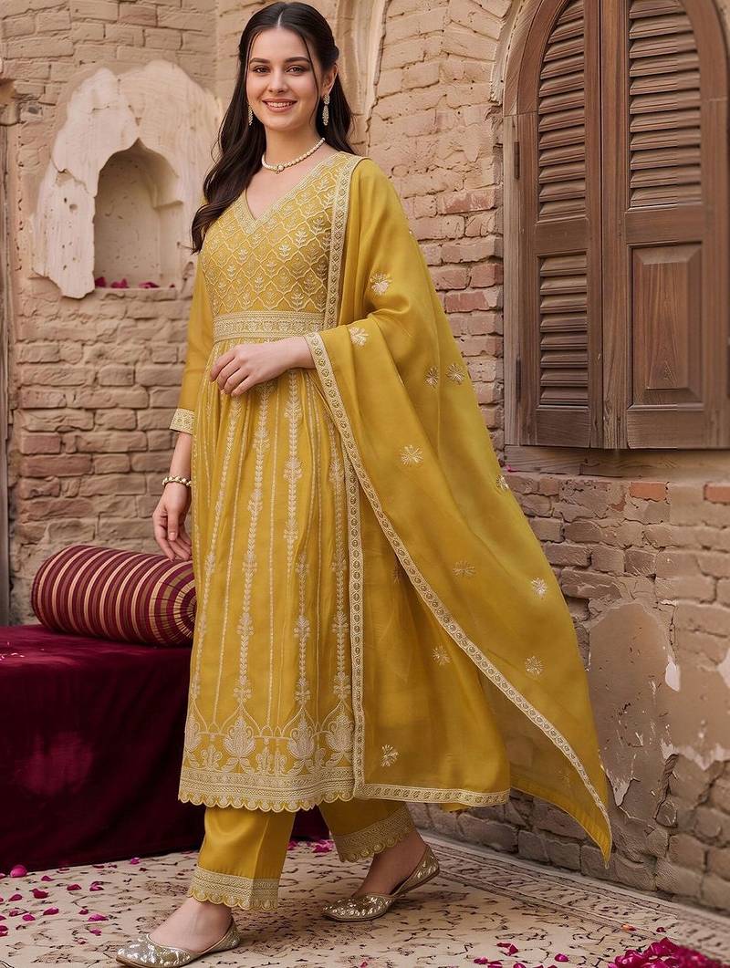 women ethnic motifs embroidered empire thread work kurta with trousers & with dupatta