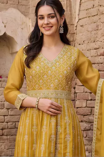 women ethnic motifs embroidered empire thread work kurta with trousers & with dupatta