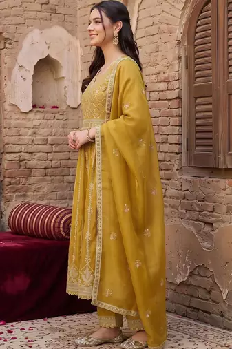 women ethnic motifs embroidered empire thread work kurta with trousers & with dupatta
