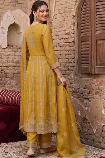 women ethnic motifs embroidered empire thread work kurta with trousers & with dupatta