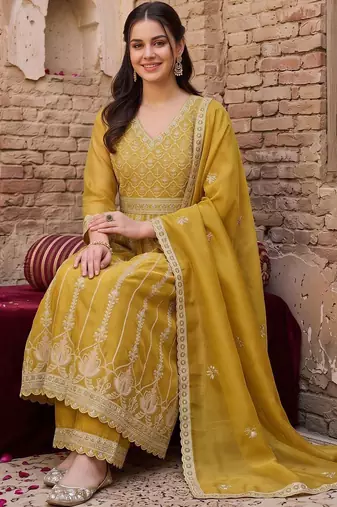 women ethnic motifs embroidered empire thread work kurta with trousers & with dupatta