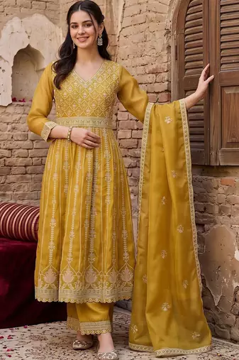 women ethnic motifs embroidered empire thread work kurta with trousers & with dupatta