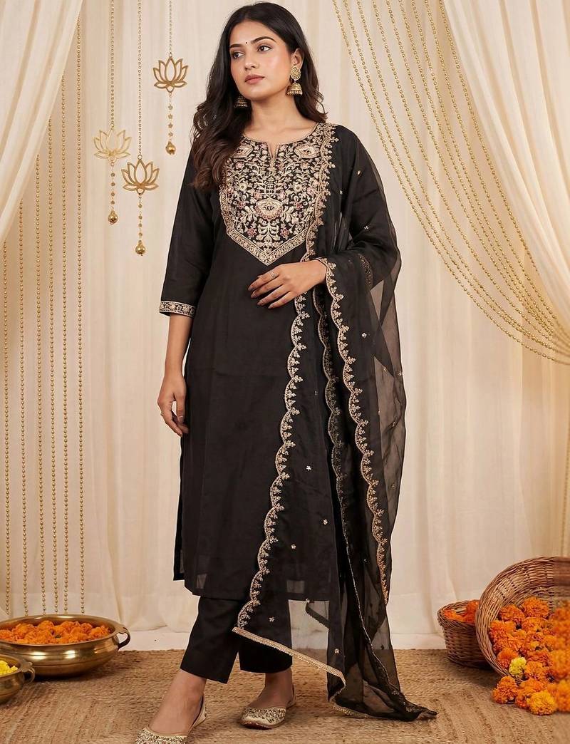 women ethnic motifs embroidered regular thread work kurta with trousers & with dupatta