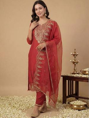 women ethnic motifs embroidered regular thread work liva kurta with trousers & with dupatta 1