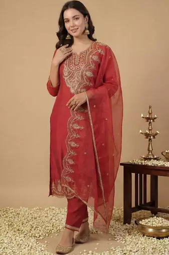 women ethnic motifs embroidered regular thread work liva kurta with trousers & with dupatta