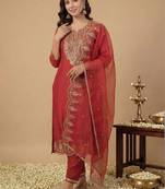 women ethnic motifs embroidered regular thread work liva kurta with trousers & with dupatta