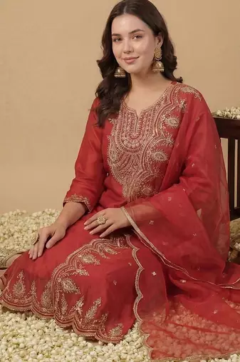 women ethnic motifs embroidered regular thread work liva kurta with trousers & with dupatta