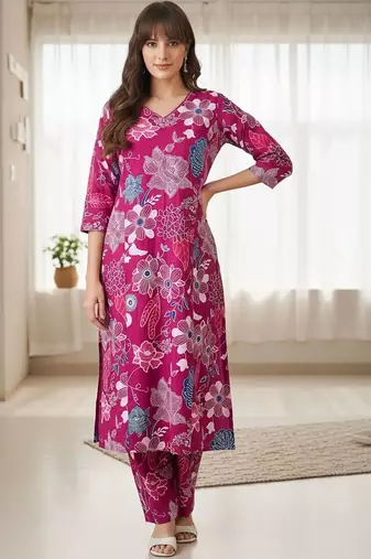 women floral printed regular cotton kurta with trousers