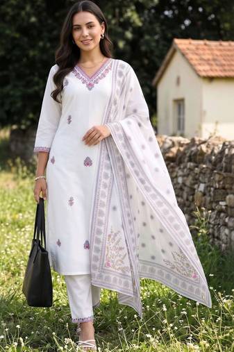 women ethnic motifs embroidered regular thread work cotton kurta with trousers & with dupatta