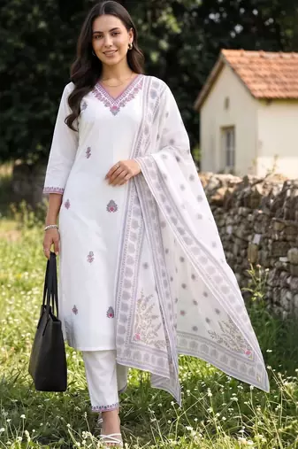 women ethnic motifs embroidered regular thread work cotton kurta with trousers & with dupatta