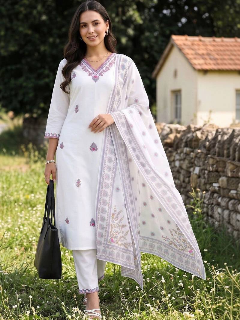 women ethnic motifs embroidered regular thread work cotton kurta with trousers & with dupatta
