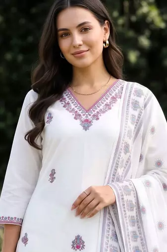 women ethnic motifs embroidered regular thread work cotton kurta with trousers & with dupatta