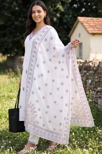 women ethnic motifs embroidered regular thread work cotton kurta with trousers & with dupatta