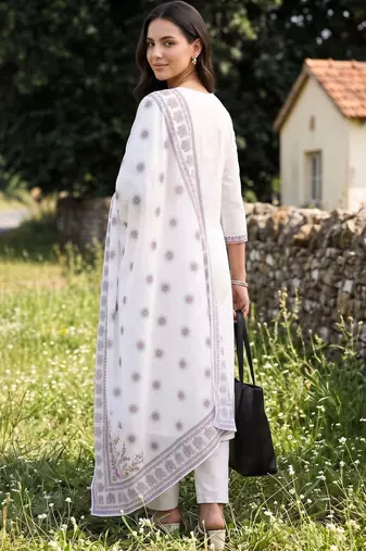 women ethnic motifs embroidered regular thread work cotton kurta with trousers & with dupatta